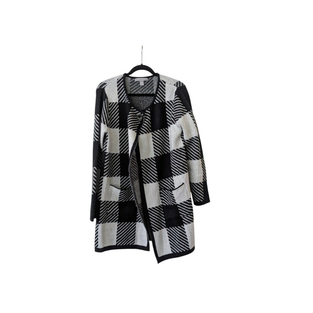 By Design Black White Plaid Open Front Knit Cardigan Coat Medium L